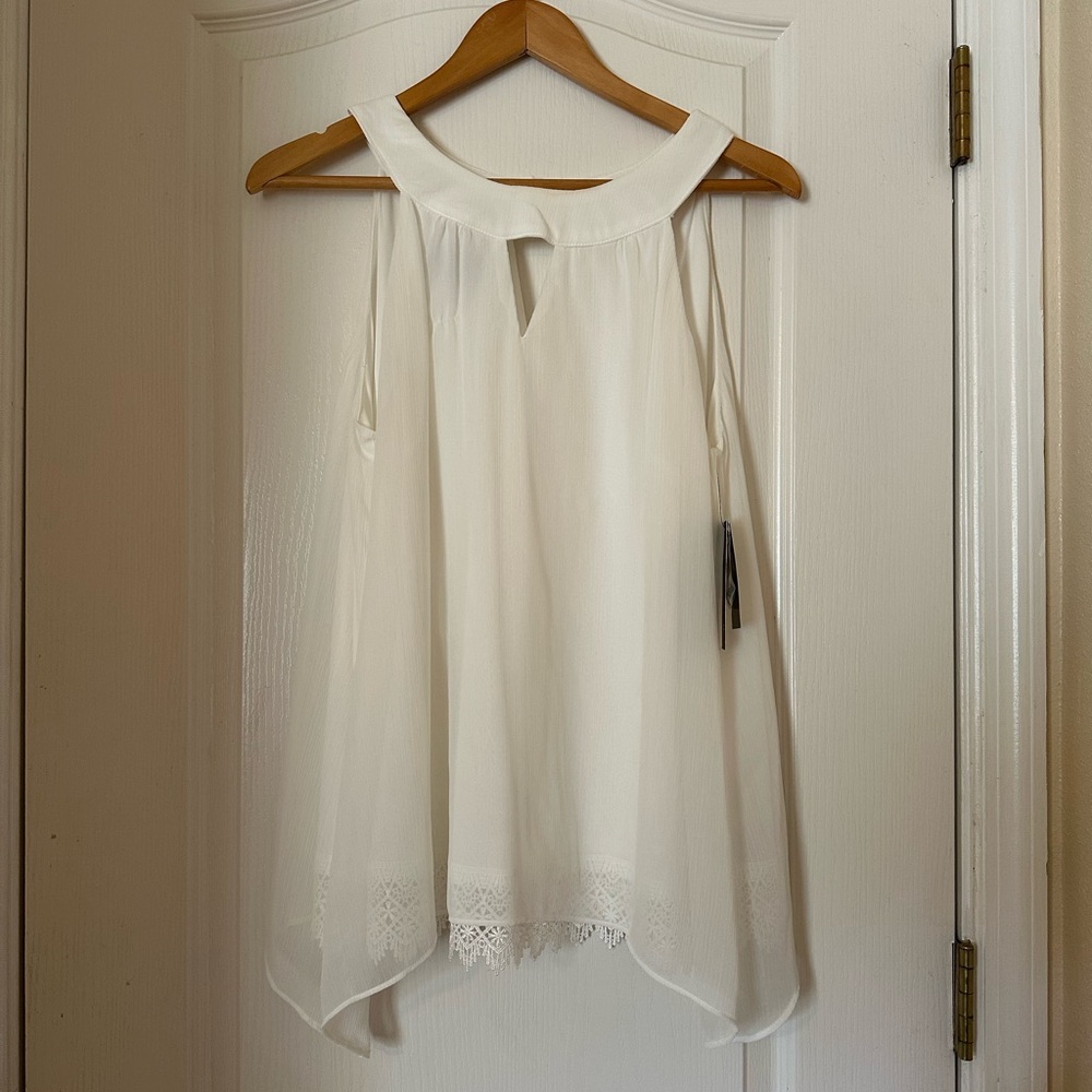 AB Studio Cream Asymmetrical Bib Collar Blouse